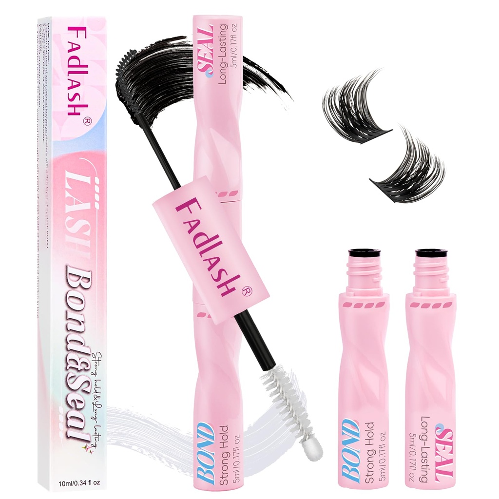 FADLASH Lash Bond and Seal Eyelash Glue DIY 2 in 1 Lash Clusters Glue with Mascara Wand for Strong Hold 72 Hours Long Lasting 10ml
