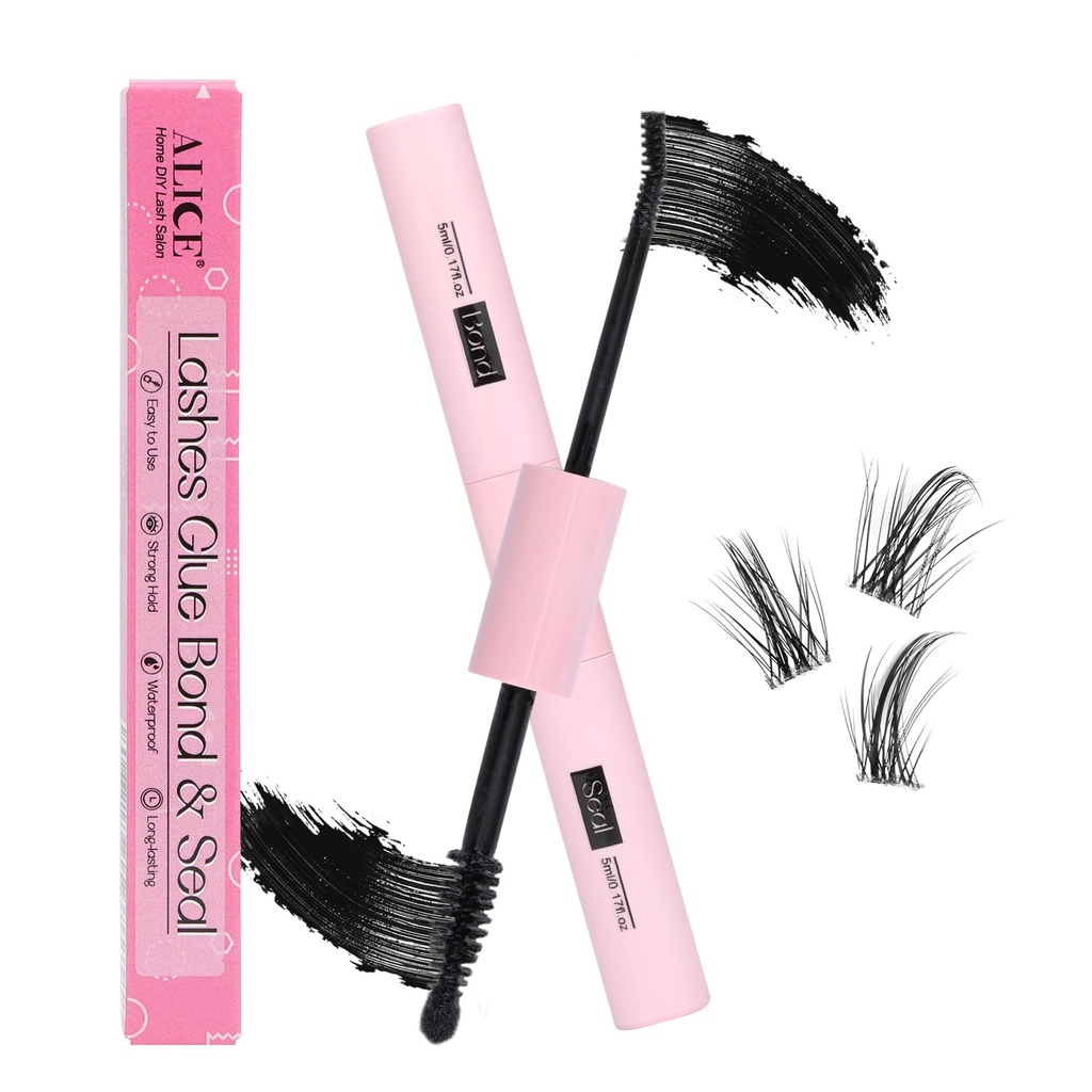 ALICE Lash Bond and Seal, Cluster Lashes Glue for DIY Eyelash Extensions, Individual Lash Glue for Clusters Eyelash Strong Hold Long No Latex Lasting Waterproof (Black 5ml×2)