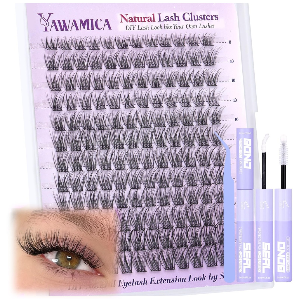 Yawamica Lash Clusters Kit Natural Lash Extension Kit 8-14mm Short Eyelash Clusters C Curly Wispy Individual Lashes with Waterproof Lash Bond and Seal and Lash Tweezers DIY Lash by Self