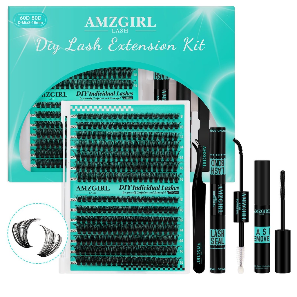 AMZGIRL Lash Clusters Kit, 60D 80D Eyelash Extension Kit,Lash Bond and Seal Waterproof,Lash Remover for Individual Eyelash Clusters Kit,Lash Applicator Tool for DIY Lash Extension Kit(D-Mix9-16mm Kit)