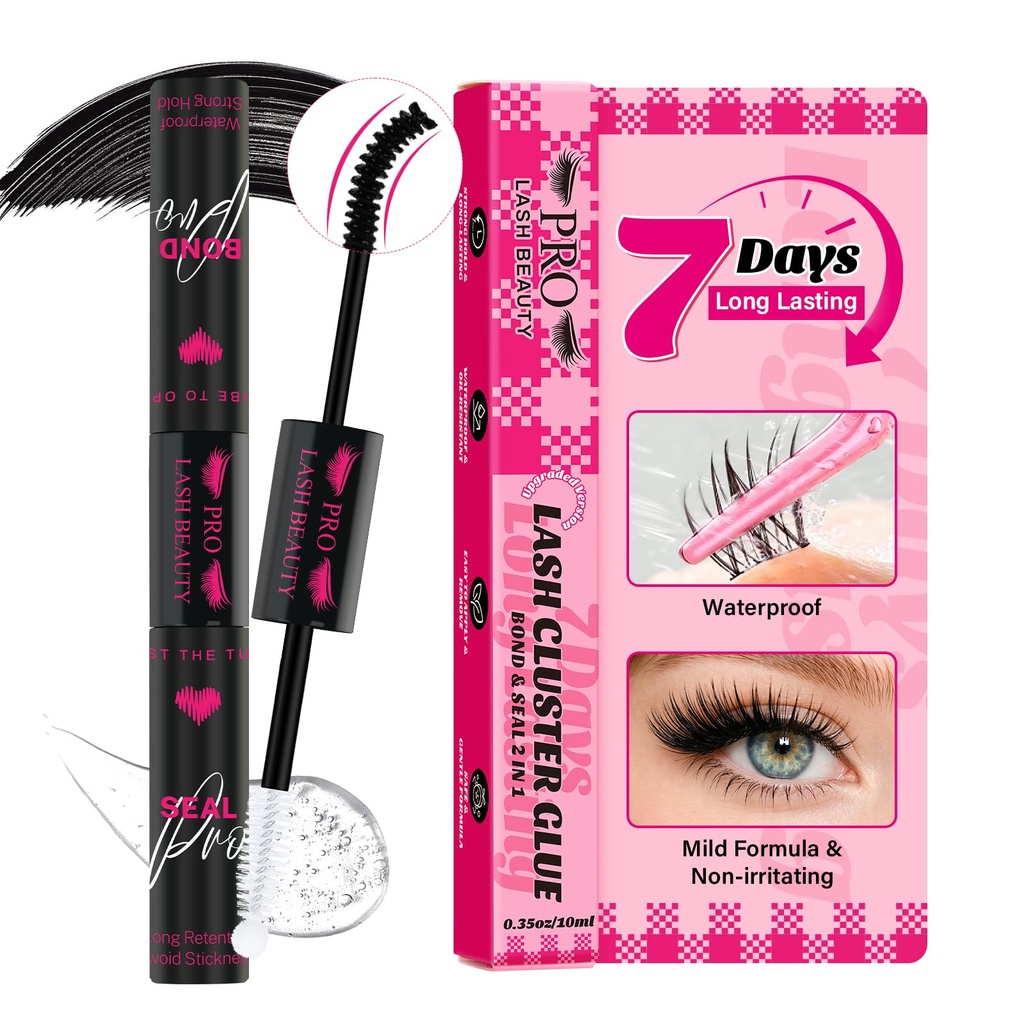 PROLASHBEAUTY Lash Cluster Glue 7 Days Long Lasting Bond and Seal Lash Glue Waterproof Lash Bond & Seal for Clusters 1 Week Strong Hold 2-3S Fast Dry(10ml, Black)
