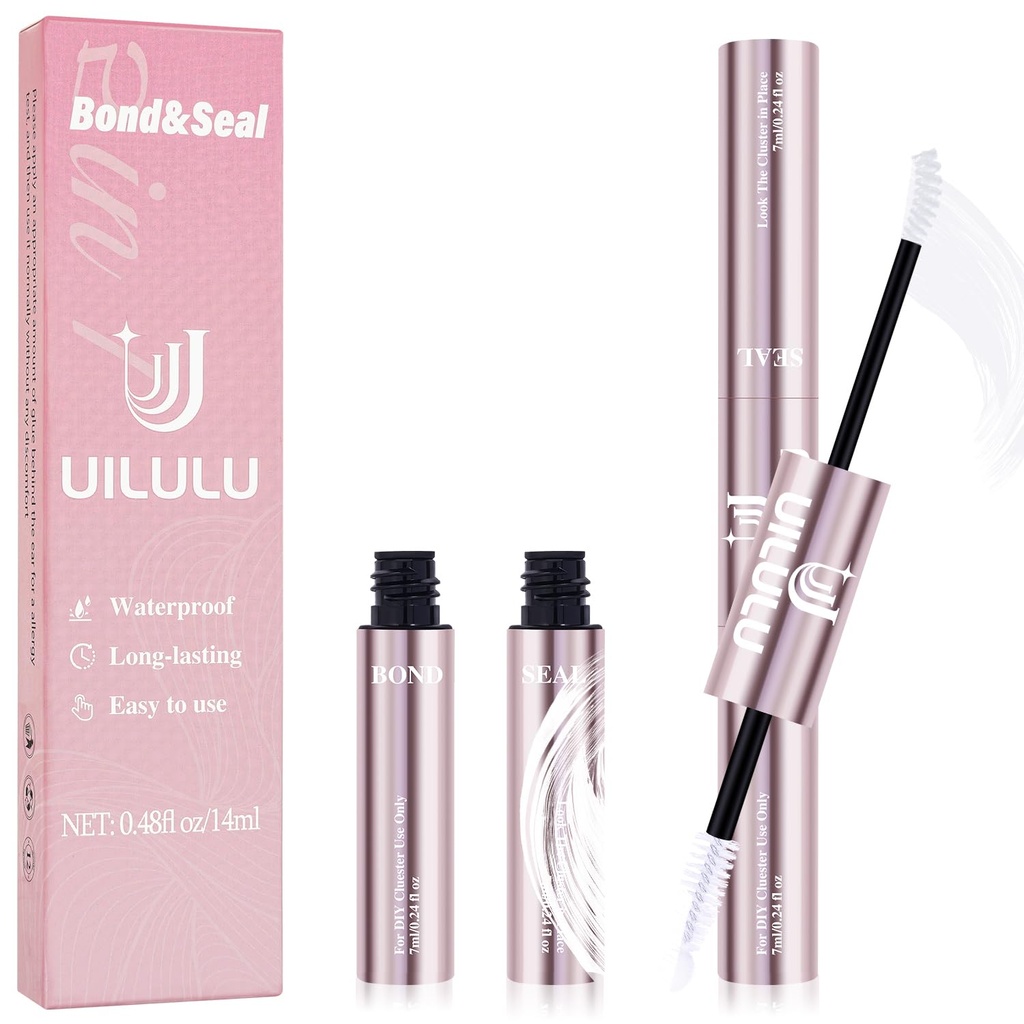 Uilulu Lash Cluster Glue, Lash Bond and Seal for Eyelash Clusters White 2-in-1 Glue DIY at Home Use Hold Long-Lasting Eyelash Adhesive(7ml+7ml)