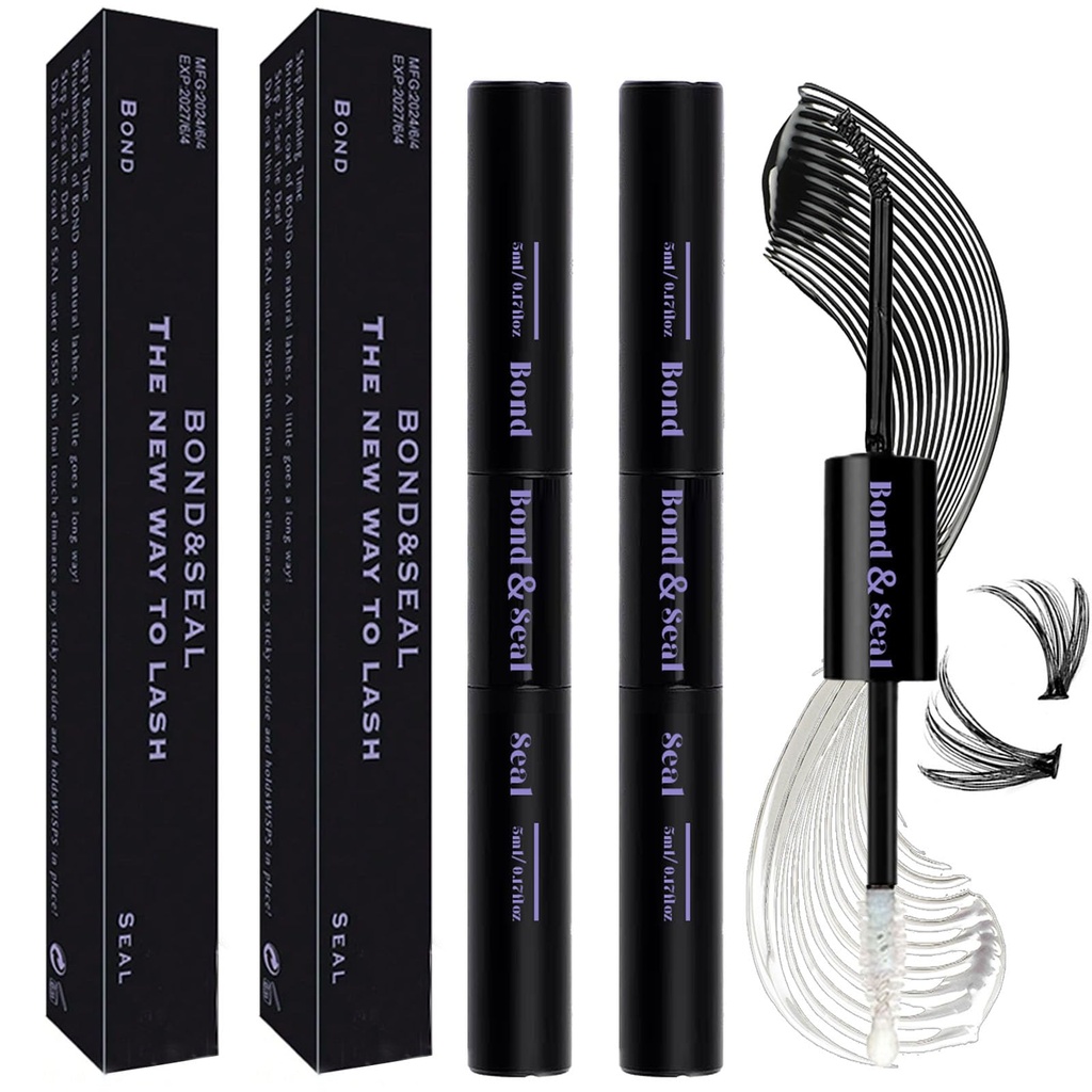 Lash Bond and Seal Kit 2Pcs DIY Lash Extension Waterproof Lashe Cluster Glue 72h Hold Portable Individual Lash Glue for Eyelash Extensions Beginners Black Bond&Clear Seal(5ml+5ml）