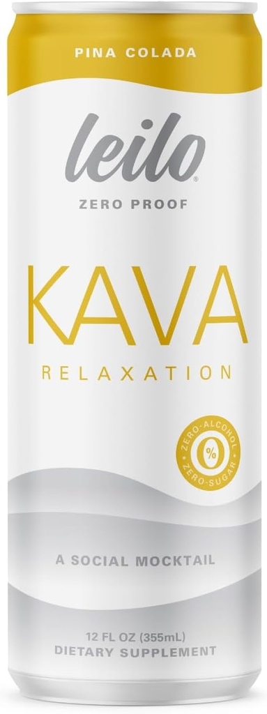 LEILO | Kava Support Pina Colada Mocktail Drink | 12Pack - Sugar-Free & Non-ALC Fonksiyonel Rahatlama Desteği | 12 fl oz Cans (Pack of 12)