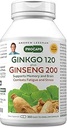 ANDREW LESSMAN Ginkgo 120 Plus Ginseng 200mg - 360 Capsules - Standardized Extract Blend to Support Brain, Memory and Cognitive Function. Adaptogen, Combats Stress and Fatigue. No Additives