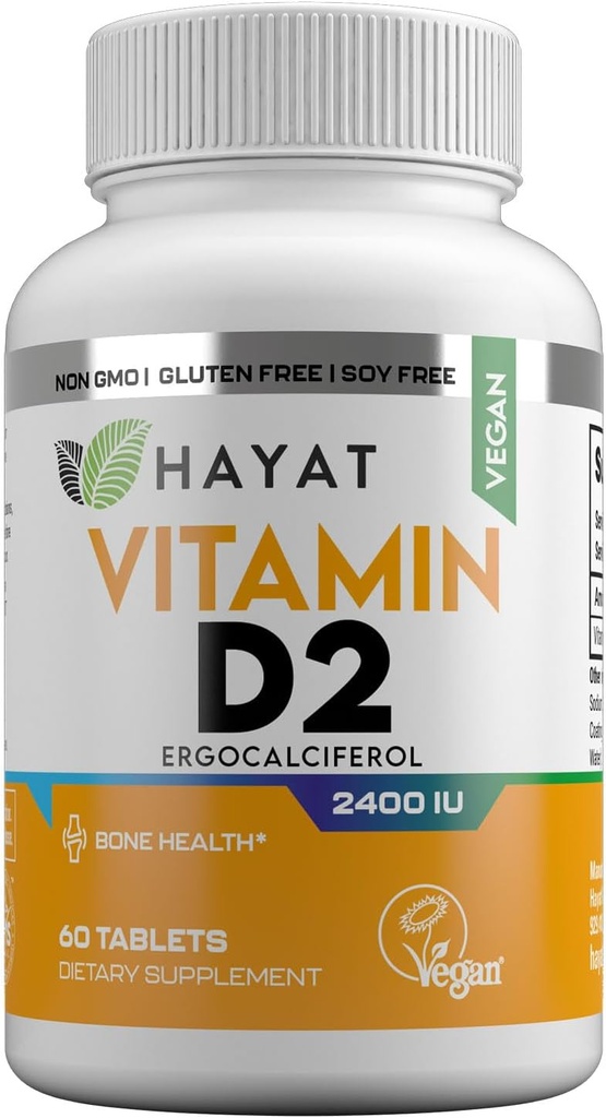 HAYAT Vitaminleri Vegan D2 2400 IU (60 MCG), Kemik, Dişler, Kas ve Immune Health Support, 2 Ay Supply, All Natural, Certified Halal, 60 Tabletler, ABD'de Yapıldı