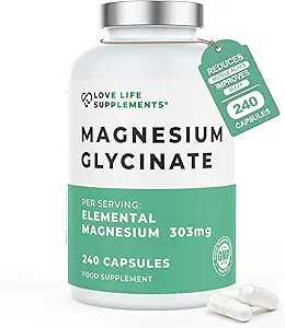 Magnezyum Glycinate (Bisglycinate) | Chelated Supplement Magnezyums | 2750 mg (303 mg Magnezyum) | 240 Capsules / 60 Hizmetler | İngiltere'de Yapılacaklar - GMP sertifikalı | Love Life Supplements