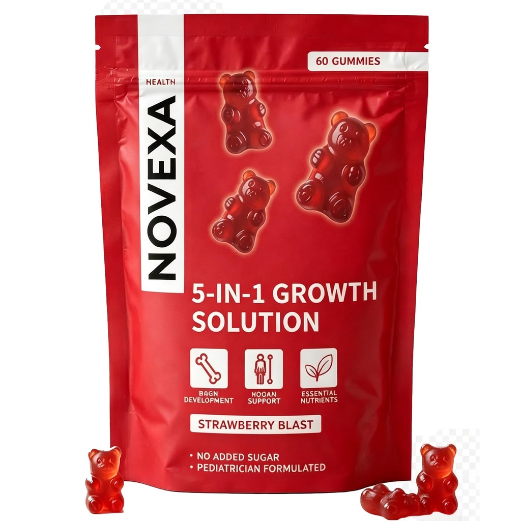 Novexa Growth Gummies, Novexa true height health 5 in 1 growth gummies, Daily Nutrition, Multivitamin for Kids & Teens, Bone Health & Daily Vitality Support, Non-GMO, Strawberry Flavor, 60 Count