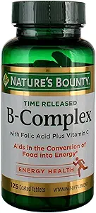 Vitamin B- Complex by Nature's Bounty, Time Released Vitamin Supplement w/ Folic Acid Plus Vitamin C, Υποστηρίζει τον Ενεργειακό Μεταβολισμό και την Υγεία του Νευρικού Συστήματος, 125 Δισκία (Pack of 3)