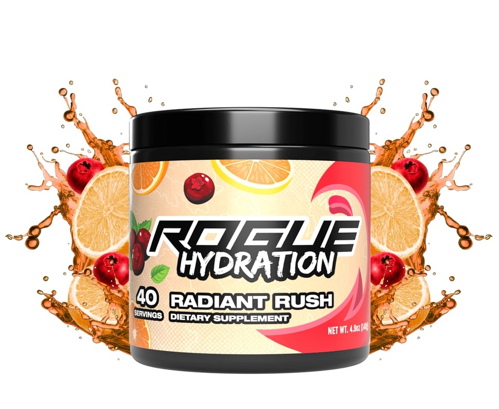 Rogue Energy Hydration Powder for Daily Use & Long Gaming Hours - Electrolyte Powder with Magnesium, Potassium, Vitamin - Hydrate Electrolyte Powder - Sugar & Gluten Free (Radiant Rush - 40 Servings)