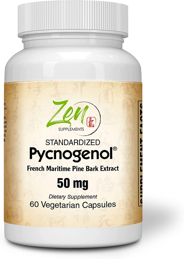 Zen Supplements Pycnogenol 50 mg - Standartlaştırılmış Fransız Deniz Standardı Patika ve Inflammation Support - Non-GMO, Gluten & Soy Free 60-Vegcaps