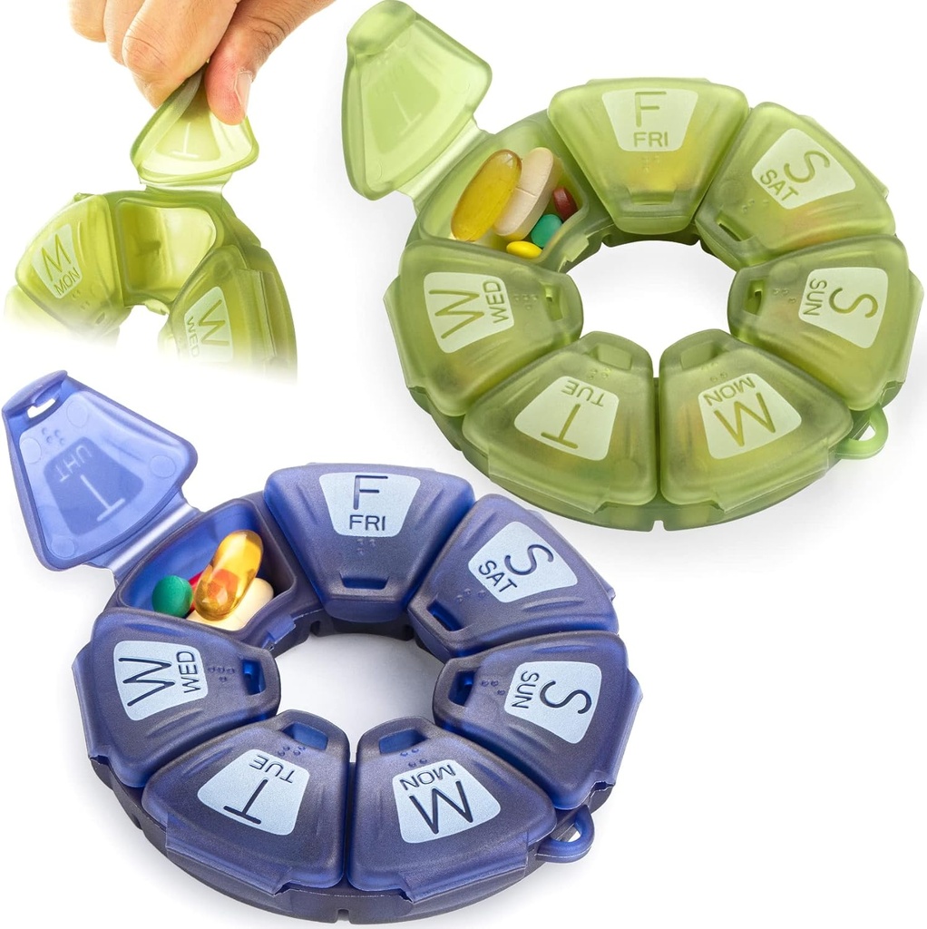 Round Weekly Pill Organizer, TPU Rubberized, Travel Pill Container 7 Day, with 7 Large Compartments, Great for Daily Vitamins & Supplements, Cute Pill Case with Large Letters and Braille (2 pcs)