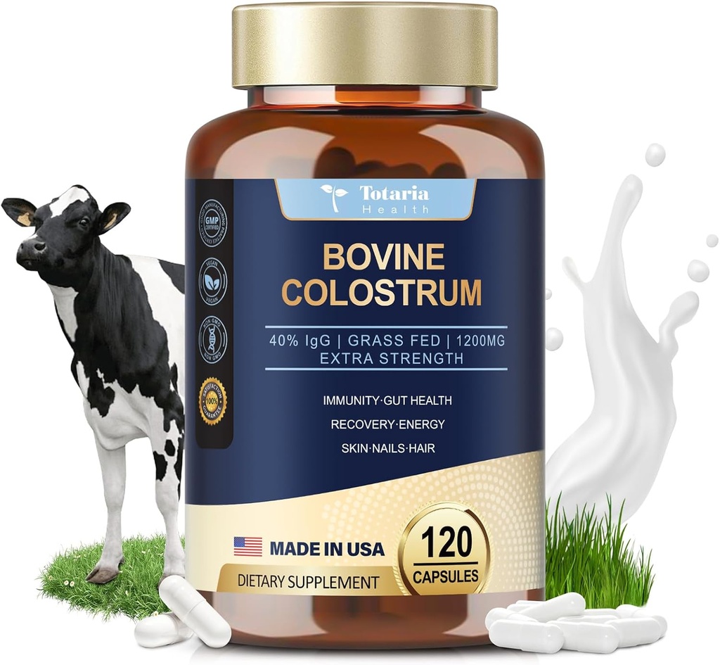 Totaria Bovine Συμπληρώματα Colostrum Κάψουλες για την υγεία των ούρων, την ανάπτυξη των μαλλιών, την ομορφιά και την ανοσοποιητική υποστήριξη - ΗΠΑ Farm Grass Fed - Χωρίς πληρωτικά, GMP Certified Calostro Bovino para Adultos Organico, 60 Υπηρεσίες