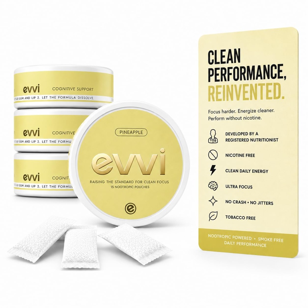 evvi Nicotine-Free Focus Pouches – Clean Energy, Ultra Focus – Tobacco-Free Oral Nootropic Pouches – 15 Pouches per Can (Pineapple, 4 Pack)