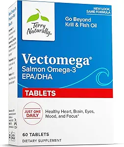 Terry Naturally Vectomega - Supplement with EPA & DHA - Omega-3 Tablets for Brain & Heart Health Support - Nutritional Supplement with Essential Fatty Acids & Peptides - 60 Tablets