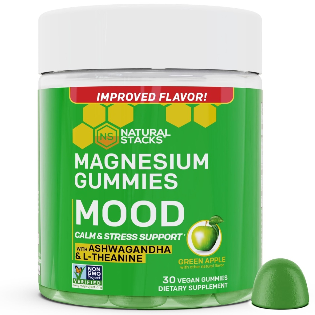 Mood Magnezyum Gummies - 200 mg Citrate & 125 mg Sensöril Ashwagandha Gummies - L Theanine for Calm & Stress Support - Mag Citrate and Ashwagandha Supplement - 30 Green Apple Chewables