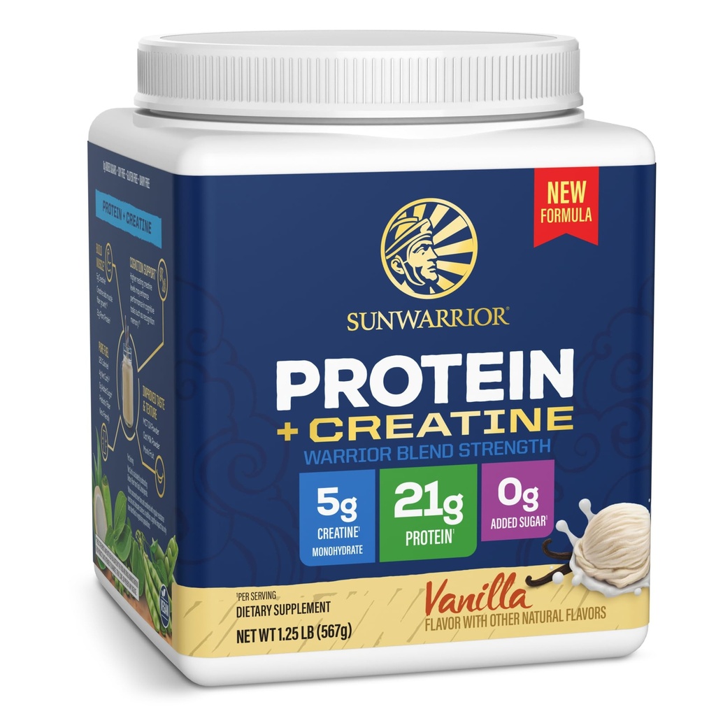 Warrior Blend Strength Plant-Based Protein Powder, 5g Creatine Monohydrate Organic Pea Mung Bean Fava & Chia Protein Supports Muscle Growth Strength Recovery & Performance Vanilla 14 Servings