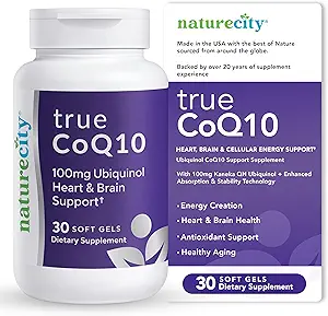 NatureCity True-CoQ10 Ubiquinol 100 mg Yüksek derecede Absorbable ve Stablized Kaneka QH CoQ10 Heart, Brain and Cellular Energy Supplement - (30 Soft Gels) Active CoQ10 olarak Ubiquinol
