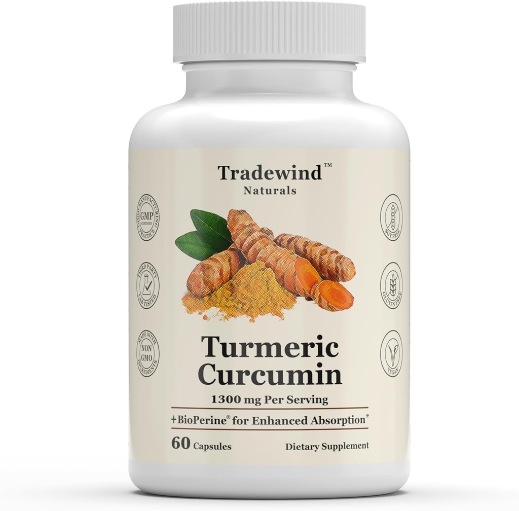 Turmeric Curcumin 1300 mg - Premium Turmeric with 95 Curcuminoids & BioPerine Black Pepper Extract - Gelişmiş Aborpsiyon - Non-GMO - 60 Sebze Kapsülleri - ABD'de Yapılan