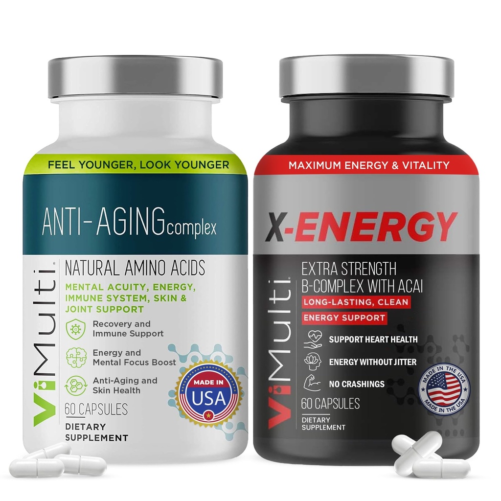 ViMulti Ultimate Wellness Bundle: Anti-Aging Supplement Pills & Energy Supplements for Men and Women, Natural Amino Acids & B Complex Multi Blend with Acai for Energy, Immune Health, 60 Capsules Each