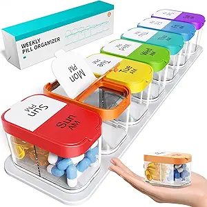 Odaro Extra Large Weekly Pill Organizer, XL Pill Box 7 Day Am Pm, Jumbo Medicine Organizer 2 Times A Day to Hold Daily Medicine Vitamin and Supplements - Rainbow