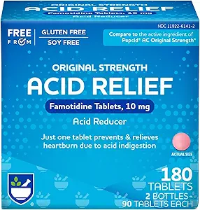 Rite Aid Acid Transaction, Original Strength Famotidine Tabletleri, 10 mg - 2 Şişeler, 90 Kont Her (180 Total) | Heartburn Relief | Acid Reflux | Antacid Chews & Tabletler, Kalpburn Chews & Tabletler,