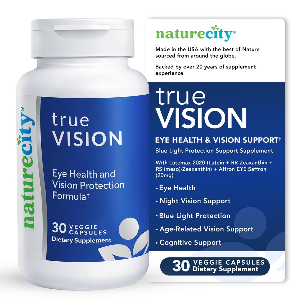NatureCity True-Vision Eye Health Supplement - Φυτική Λουτεΐνη και Ζεαξανθίνη με Υψηλή Ικανότητα Saffron 20mg - Μπλε Φωτεινή Προστασία, Υποστήριξη Κεντρική και Νυχτερινή Όραση (30 Κάψουλες Veggie)