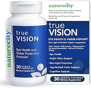 NatureCity True-Vision Eye Health Supplement - Plant-Based Lutein ve Zeaxanthin Yüksek Potency Saffron 20 mg - Blue Light Protection, Support Central and Night Vision (30 Veggie Capsules)