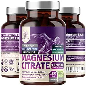 Pure Magnesium Citrate Capsules 1250mg, Easily Absorbed and Purified Trace Mineral for Muscle and Digestive Support, 120 Caps