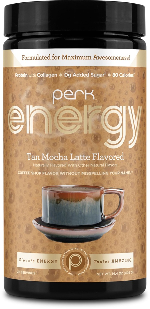 Perk Energy Drink Mix (Tan Mocha Latte) 20 Servings - Caffeinated Healthy Coffee Alternative with Protein, 100mg of Caffeine, Gluten-Free, Soy-Free, Peanut-Free