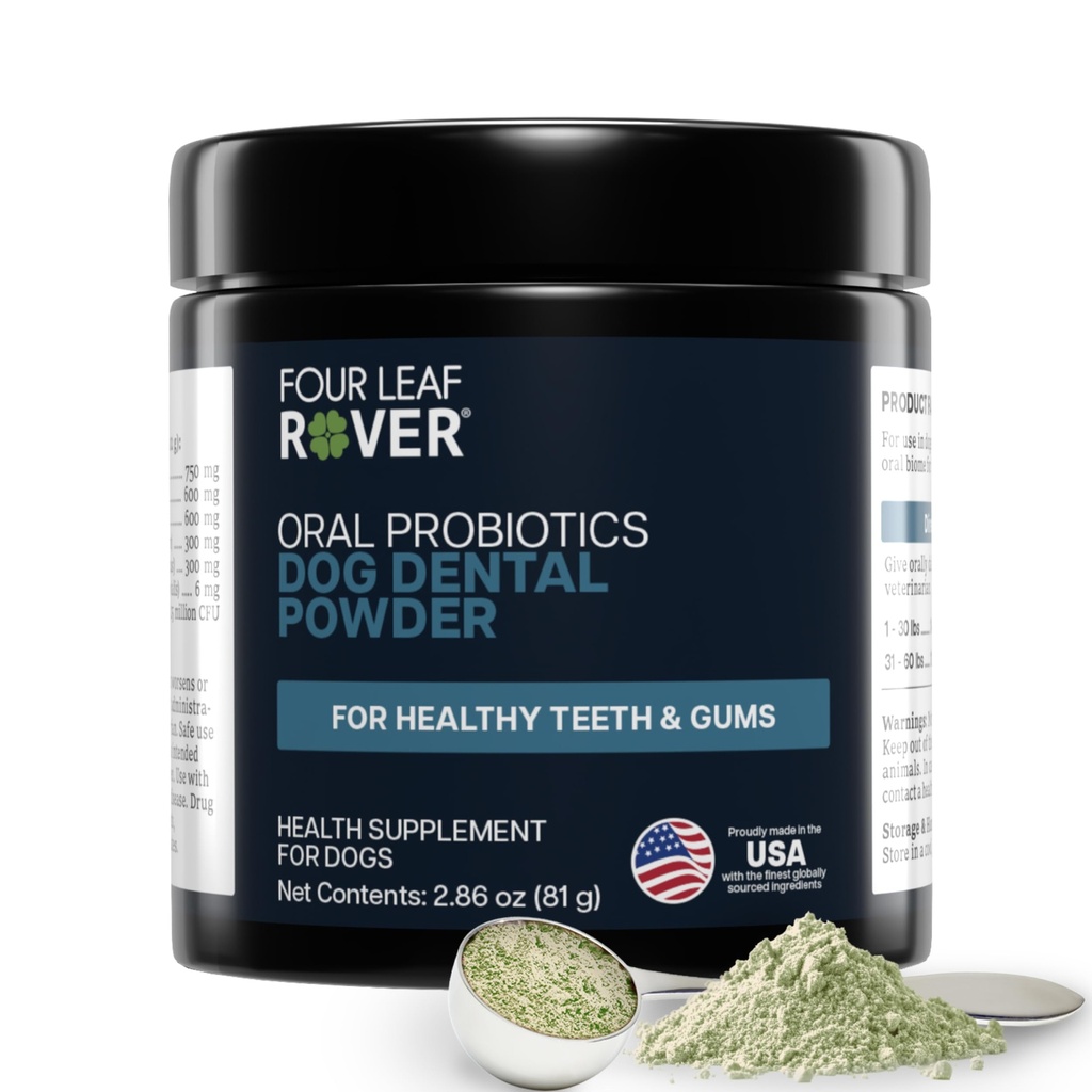 FOUR LEAF ROVER Dental Powder for Dogs - Probiotic Support for Bad Breath, Plaque & Tartar - with Kelp & Weissella Cibaria - 30-Day Supply