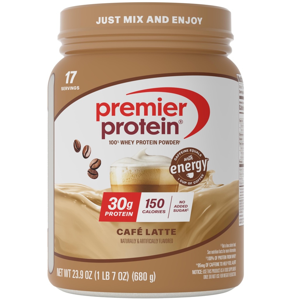 Premier protein Toz, Cafe Latte, 30g protein, 1g Sugar, 100% Whey proteini, Keto Friendly, Gluten Free, No Soy, 95 mg Caffeine for Energy, 23.9 oz (17 hizmet)