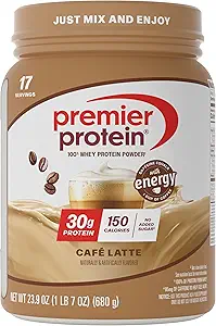 Premier protein Toz, Cafe Latte, 30g protein, 1g Sugar, 100% Whey proteini, Keto Friendly, Gluten Free, No Soy, 95 mg Caffeine for Energy, 23.9 oz (17 hizmet)
