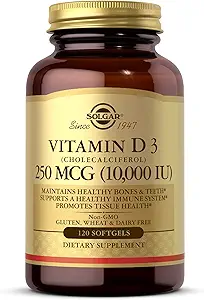 Solgar Vitamin D3 (Cholecalciferol) 250 MCG (10,000 IU), 120 Softgels - Helps Maintain Healthy Bones & Teeth - Immune System Support - Non GMO, Gluten Free, Dairy Free - 120 Servings