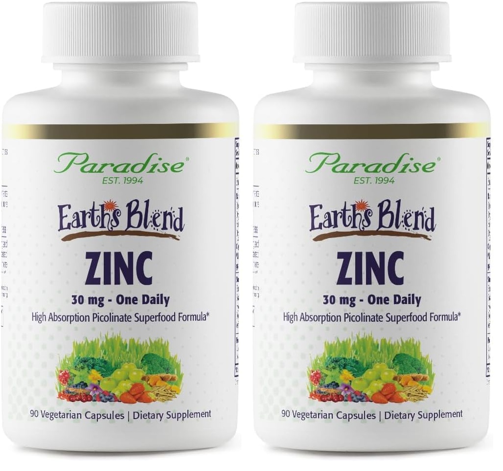 Paradise Herbs Zinc Supplements with Picolinate and Natures C, for Immune Support, Super Potent, Ultra Pure, Gluten Free, Non-GMO, Vegan, 30 mg, 90 Capsules (Pack of 2)