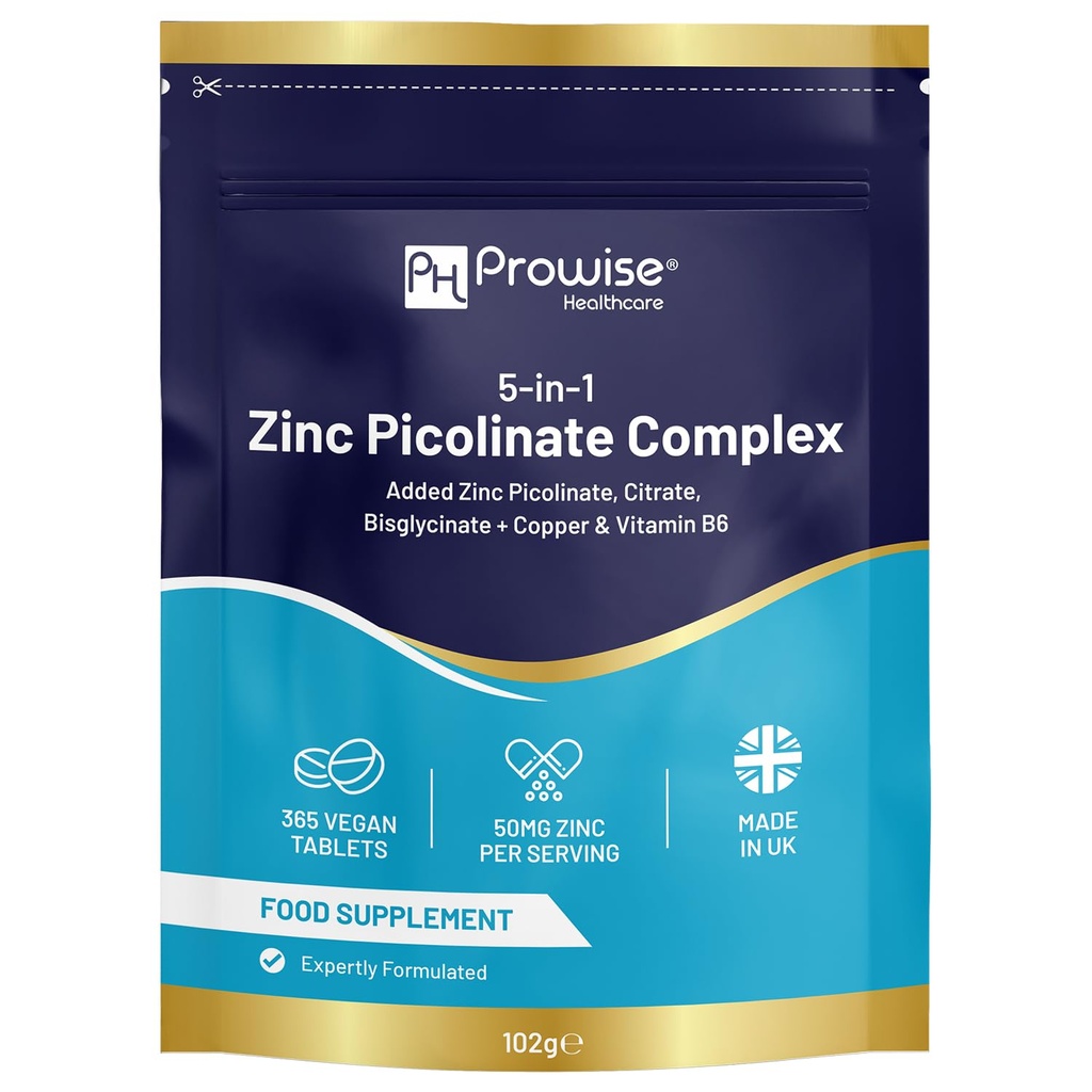 5-in-1 Zinc Picolinate Complex 50 mg | 365 Vegan High Strength Tablets Added with Copper and Vitamin B6 | 6 Months’ Supply | Made in UK by Prowise