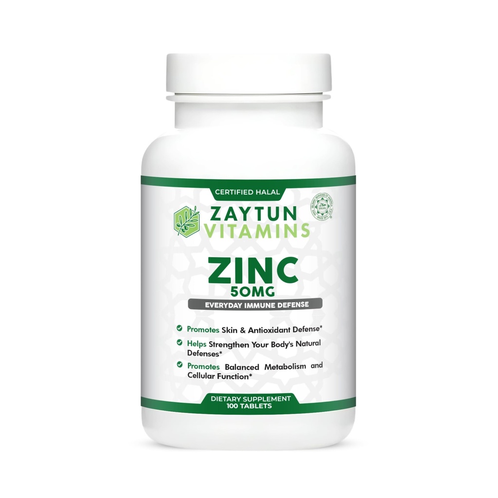 Zaytun Halal Zinc 50 mg Supports Immune Health and Healthy Skin, Antioxidant, One Per Day, US Made, 100 Tablets