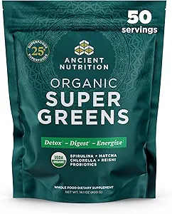 Ancient Nutrition Super Greens Powder, Organic Superfood Powder with Probiotics Made with Spirulina, Chlorella, Matcha, and Digestive Enzymes, 50 Services, 14,1 oz