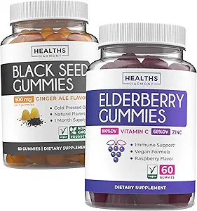 Black Seed Oil Gummies & Elderberry Gummies (1-Month Supply) Immune Boost Bites Sches - Black Seed Oil Gummies Ginger Ale Flavor Cold-Pressed Nigella Sativa & Elder Gummies for Yetişkinler