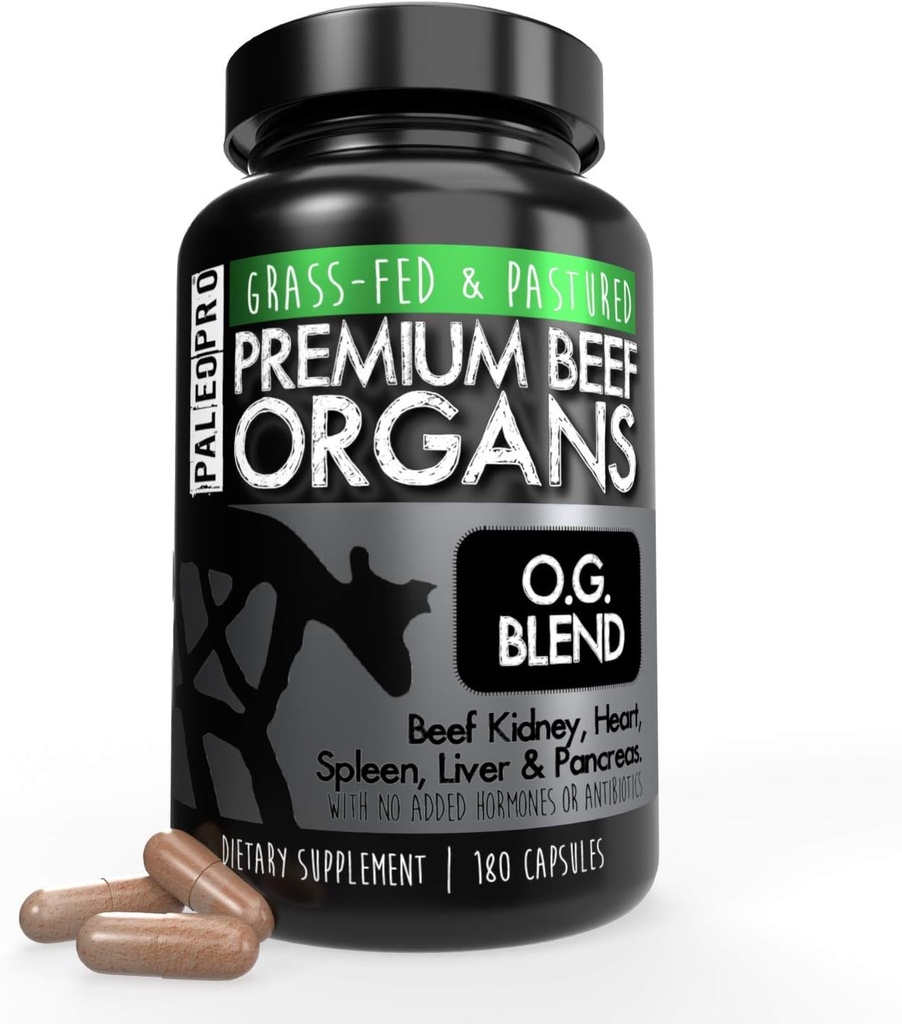 Paleo Pro O.G. Blend Premium Beef Organs Κάψουλες, νεφρά, καρδιά, συκώτι, σπλήνα και πάγκρεας από χόρτο Fed & Παστός αγελάδες, συμπλήρωμα διατροφής, Δεν προστίθενται ορμόνες ή αντιβιοτικά, 180 κάψουλες