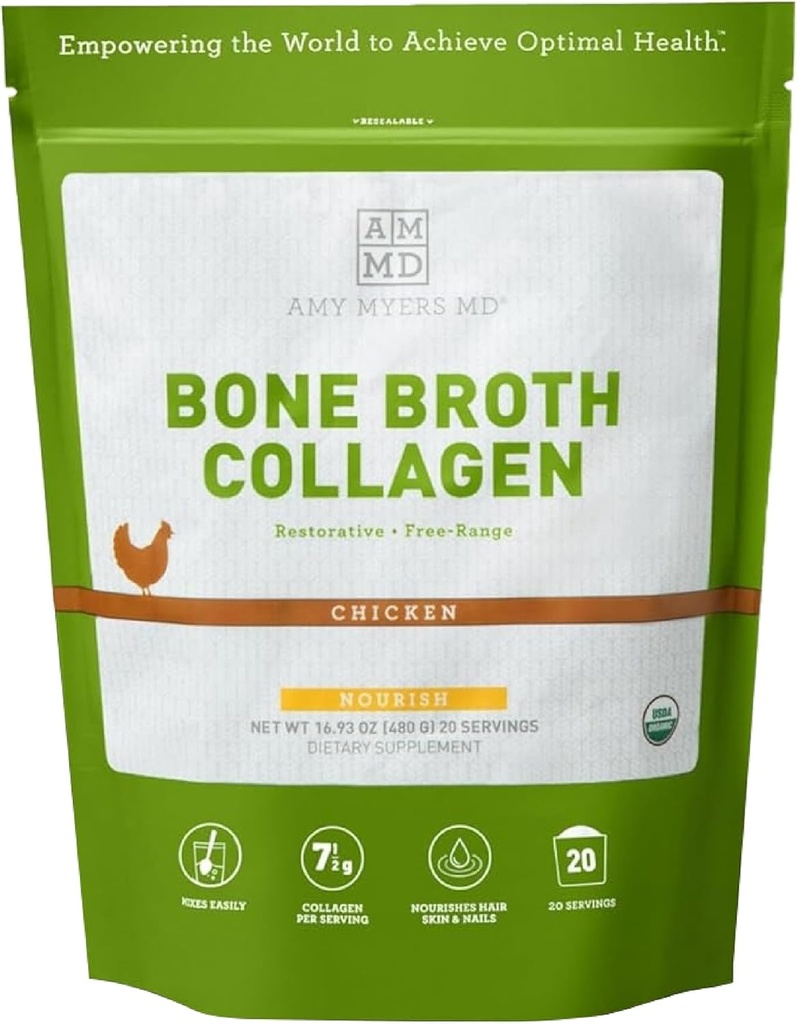 Amy Myers MD Bone Broth Collagen Powder - Βιολογικό Κοτόπουλο Bone Broth - Υποστηρίζει υγιή δέρμα & νύχια - για την υγεία των οστών & κοινή υποστήριξη - 20 υπηρεσίες, κοτόπουλο άρωμα
