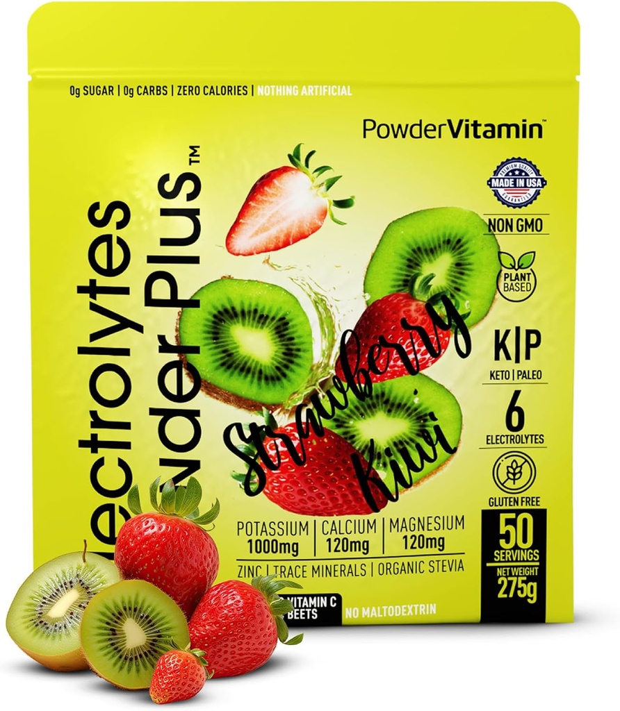 Elektrolytes Toz Plus (50 Hizmetler), 0 Calorie Keto, 0 Sugar, No Maltodextrin,1000 mg Pyum,120 mgelli,120 mg Magnezyum, Hydration Toz (50 Hizmet, Strawberry Kiwi)