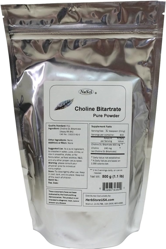 Choline DL- Bitartrate Pure Toz 500g (1.1 lb, 17.6 oz) Smart Nutrient