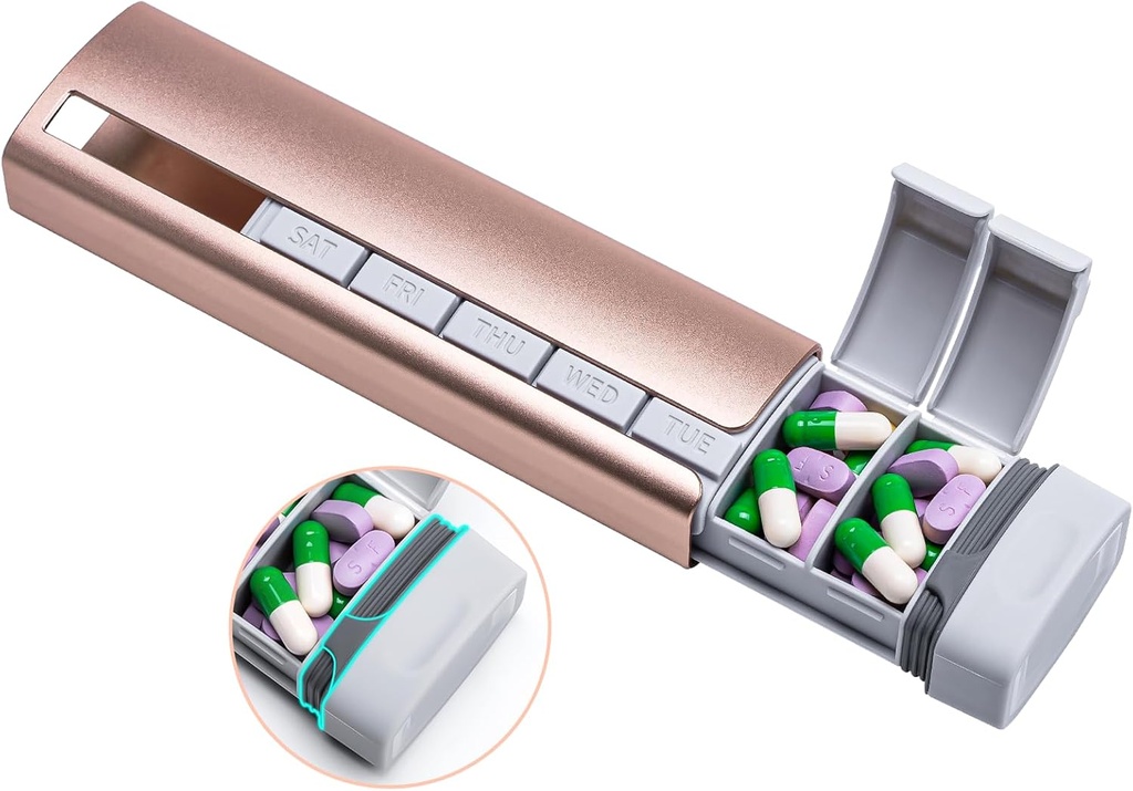 Daviky Metal Seyahat Pill Organizer, Premium Alüminyum Pill Box 7 Gün, Haftalık Günlük Pill Case, Şık & Cute Pill Holder for Medicines, Supplements and Vitamins (Pink+Gray)