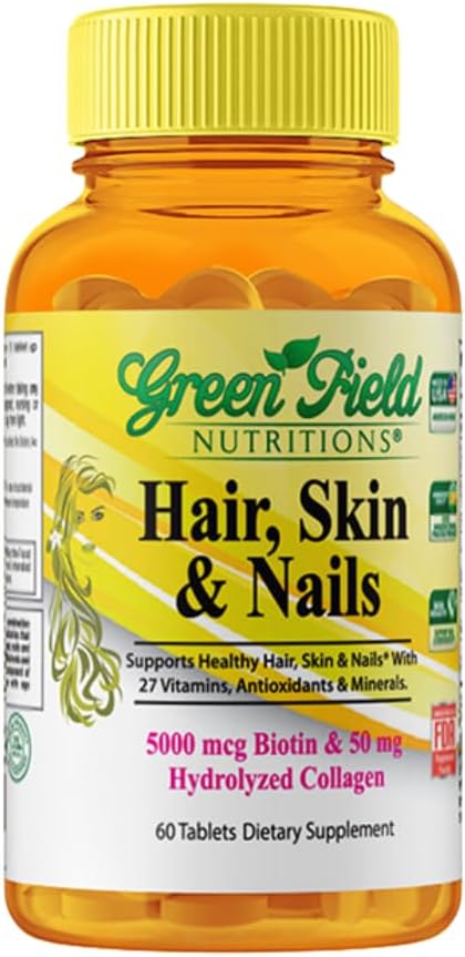 Greenfield Beslenmeleri Halal Biotin Tablet Yetişkin - 60 Helal Multivitamin for Hair Skin and Nails - High potency 5000mcg Biotin with 50 mg Collagen and Minerals - Gelatin Gluten Free, Non-GMO Vitamini