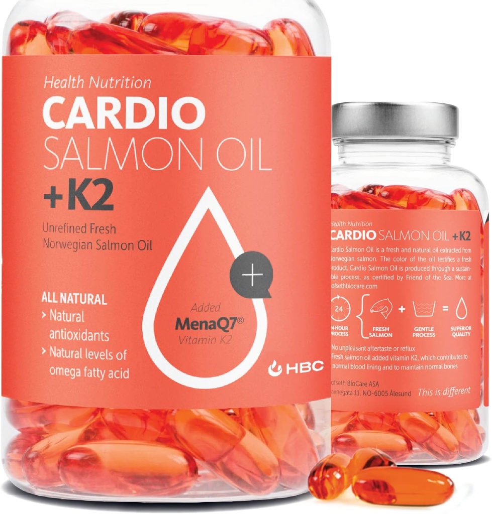 High Strength Omega 3 Fish Oil with Vitamin K2-1000mg, Norwegian Salmon Oil, EPA & DHA, Burpless, Omega 3 Fatty Acids Supplement for Eyes, Brain, Heart & Immunity - 90 Capsules - Cardio