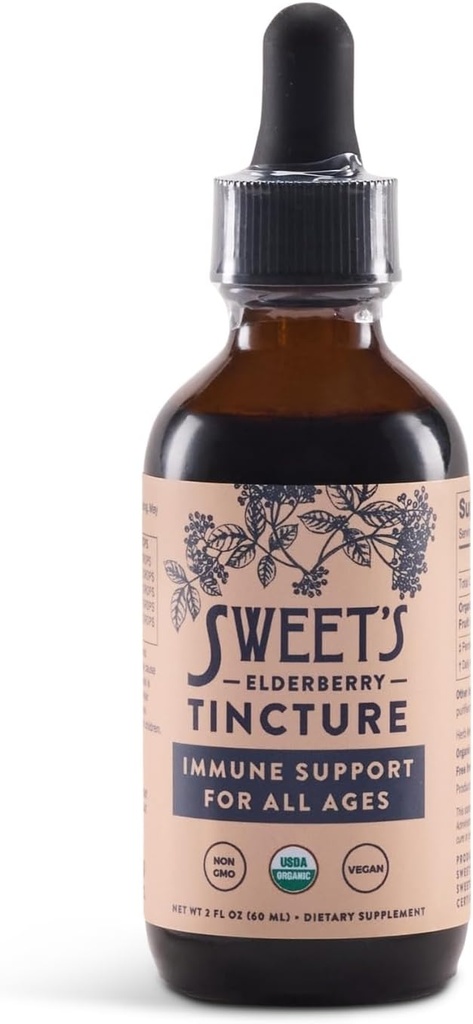 Sweet's Elderberry Tincture | USDA Organic | Alkol Özgür | Black Elderberry | Immune Support for All Ages | Travel-Friendly 2 oz Şişe with Dropper | Vegan | DW | Non-GMO | Unsweetened