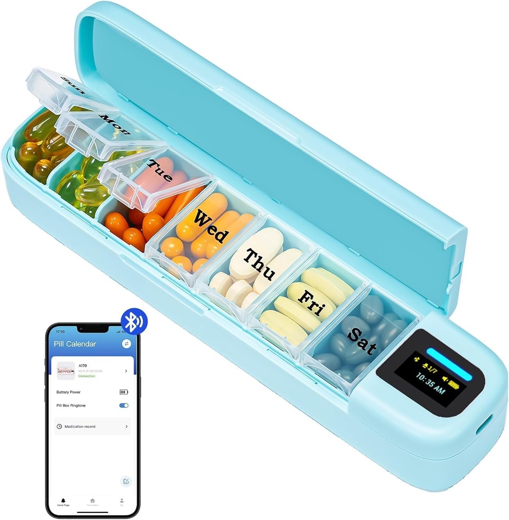 Daviky Smart Pill, Alarmla Organize Edecek, Bir Gün Pill Box 7 Gün Bir Zaman APP, Haftalık Seyahat Pill Case, Portatif Pill Tıplar, Tamamlar ve Vitaminler (Green)