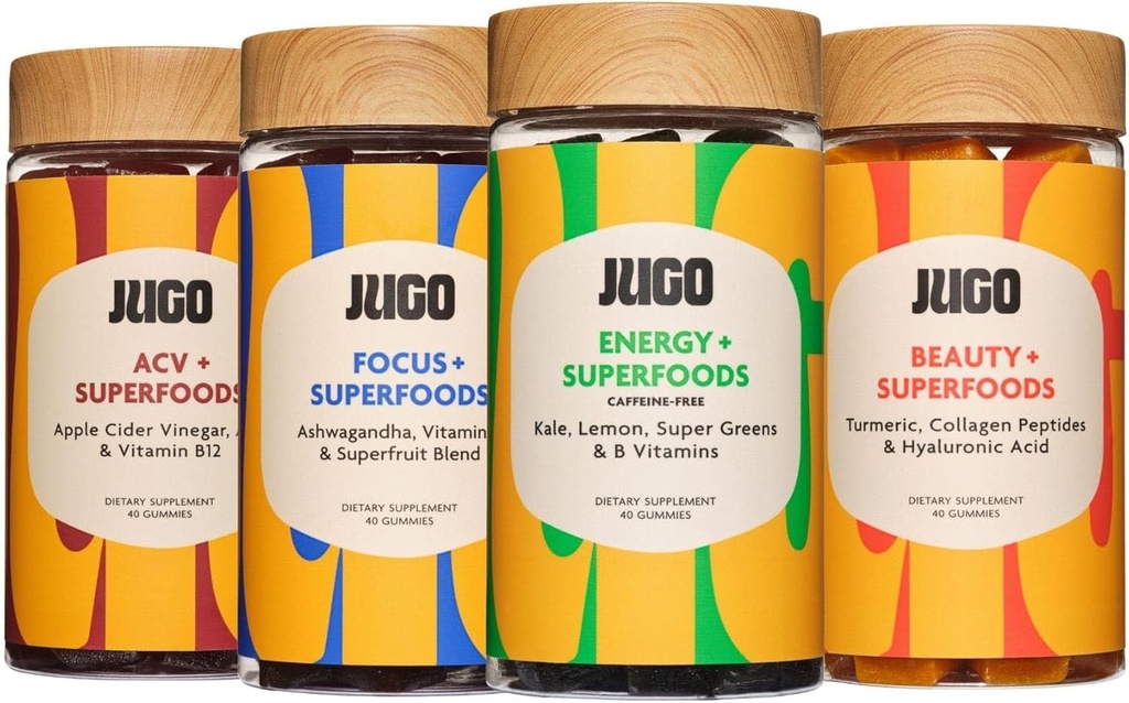 JUGO Superfoods Gummies Diversity Pack – Focus, Energy, Beauty & ACV Gummies – Plant-Based, 100% Vegetarian, Gluten-Free – Supports Mind, Body & Digestive Health