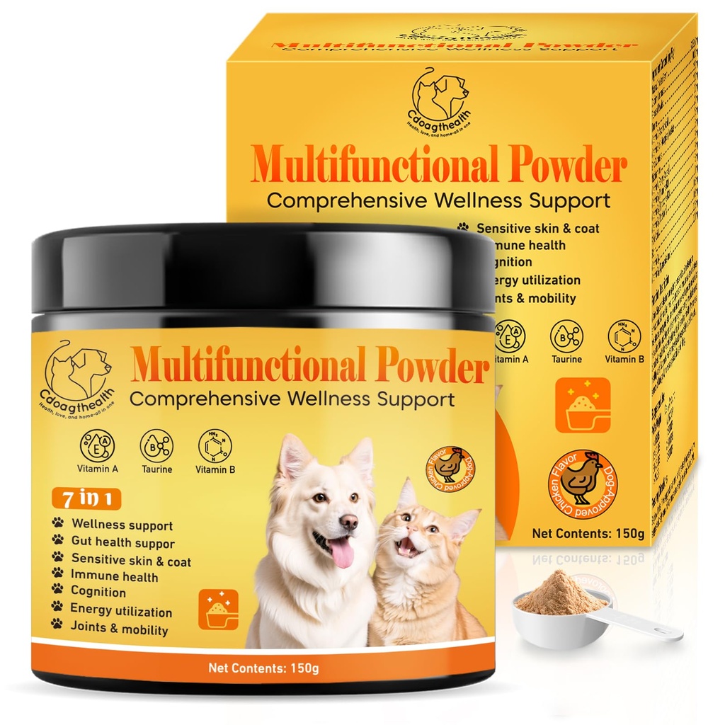 Multivitamin Powder for Dogs - All-in-One Support for Immune, Skin, Coat, Heart and Vision Health with Taurine, Biotin, Omega-3 & Natural Chicken Flavor,150g
